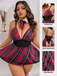Women's Sexy Cosplay Uniform Set, Plaid Lingerie 3-Piece, V Neck Bodysuit, Sleeveless Fitted Design, Plain Pattern, All-Season Wear, Sleeveless Bodysuits
