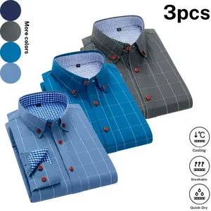 Three piece plaid color block men’s long sleeve shirts in a business casual style. Featuring a buttoned notched collar design for a sharp look, red buttons add refined details, and blue and white plaid lining provides visual depth. The long sleeve fit is