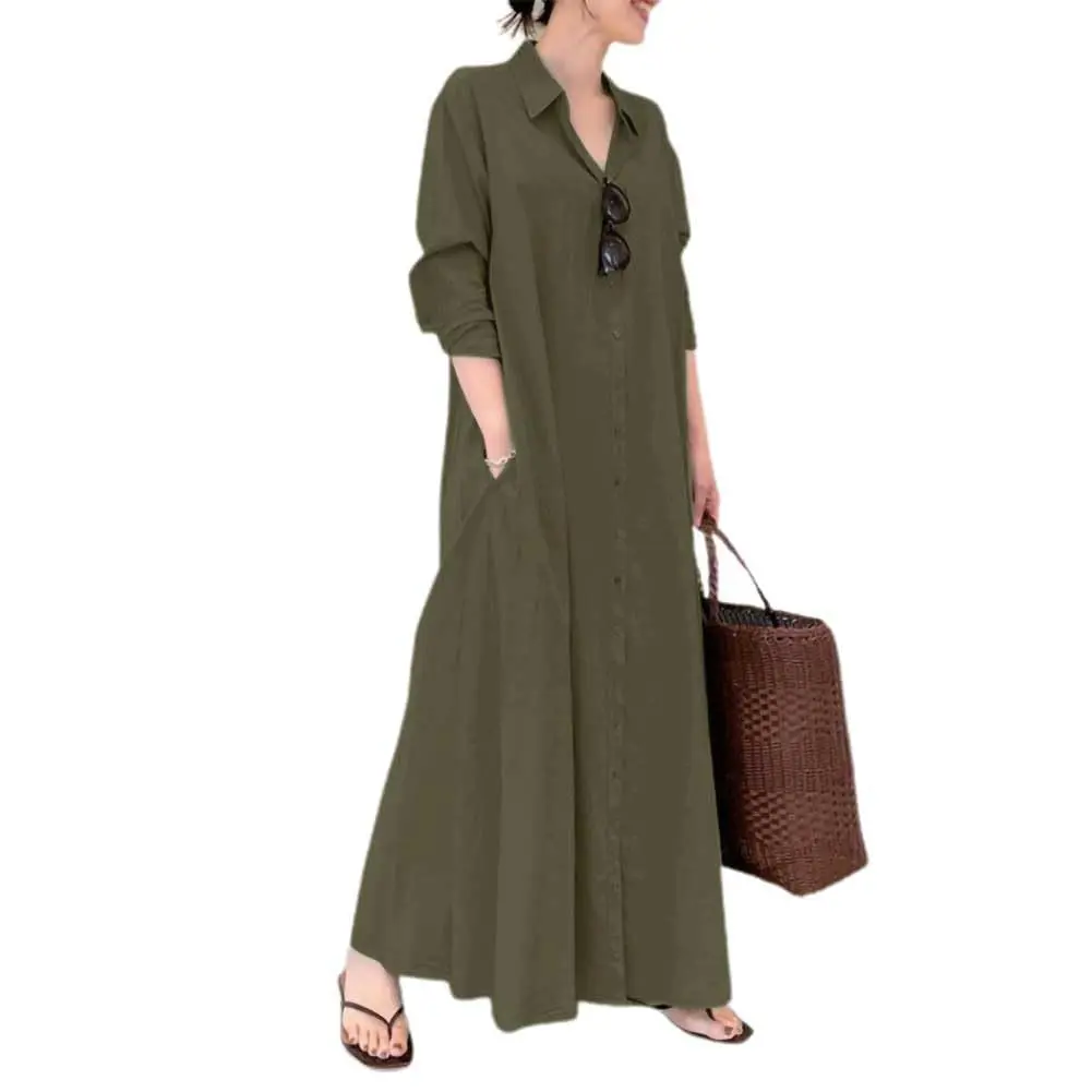 Chouyatou Women's Oversized Comfy Garment, Casual Straight Minimalist Long-Sleeve Button Maxi Dress, Lightweight Fabric, Plus Size, With Pockets