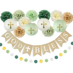 CHRORINE Baptism Decorations Bautizo Dedication First Communion Confirmation Party Decor Supplies Neutral Paper Hanging Decations God Bless Banner Kit for Boys Girls - Green Set
