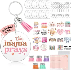 Mother's Day Gift 140 PCS Acrylic Keychain Blank Set, Mama Double-Sided UV DTF Stickers Acrylic Keychain Making Kits for Vinyl DIY Craft Project