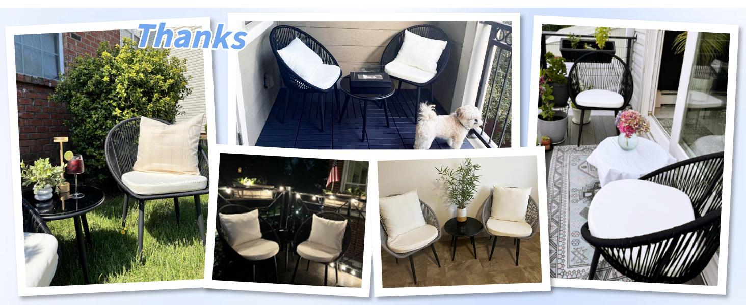 3-Piece All-Weather Outdoor Bistro Furniture Set – Comfortable Cushioned Rope Woven Chairs & Side Table, Great for Poolside, Balcony & Backyard, Black