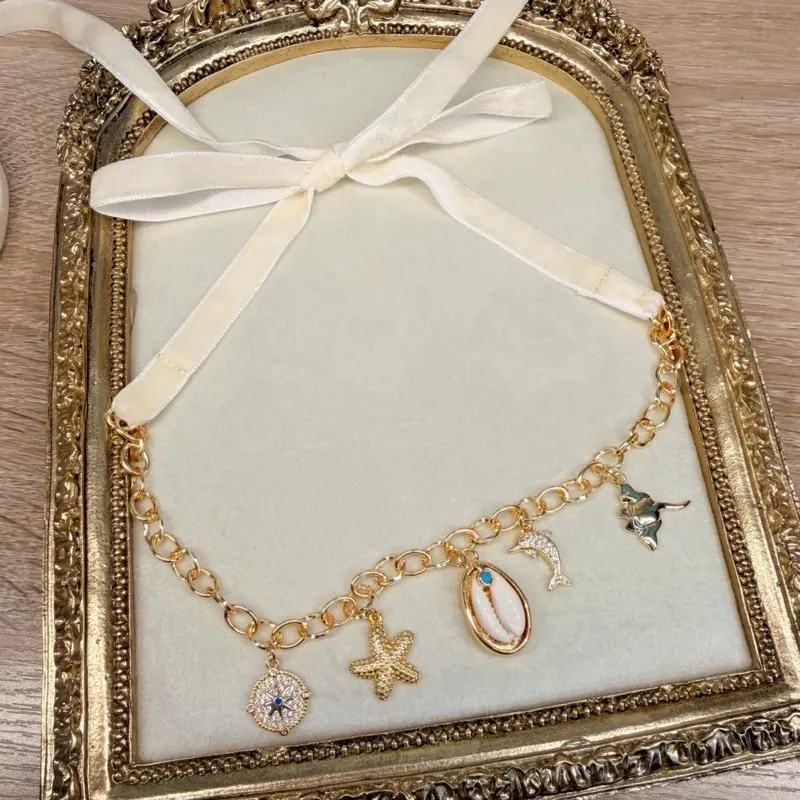 Ribbon Style 18k Gold Plated Charm Necklace