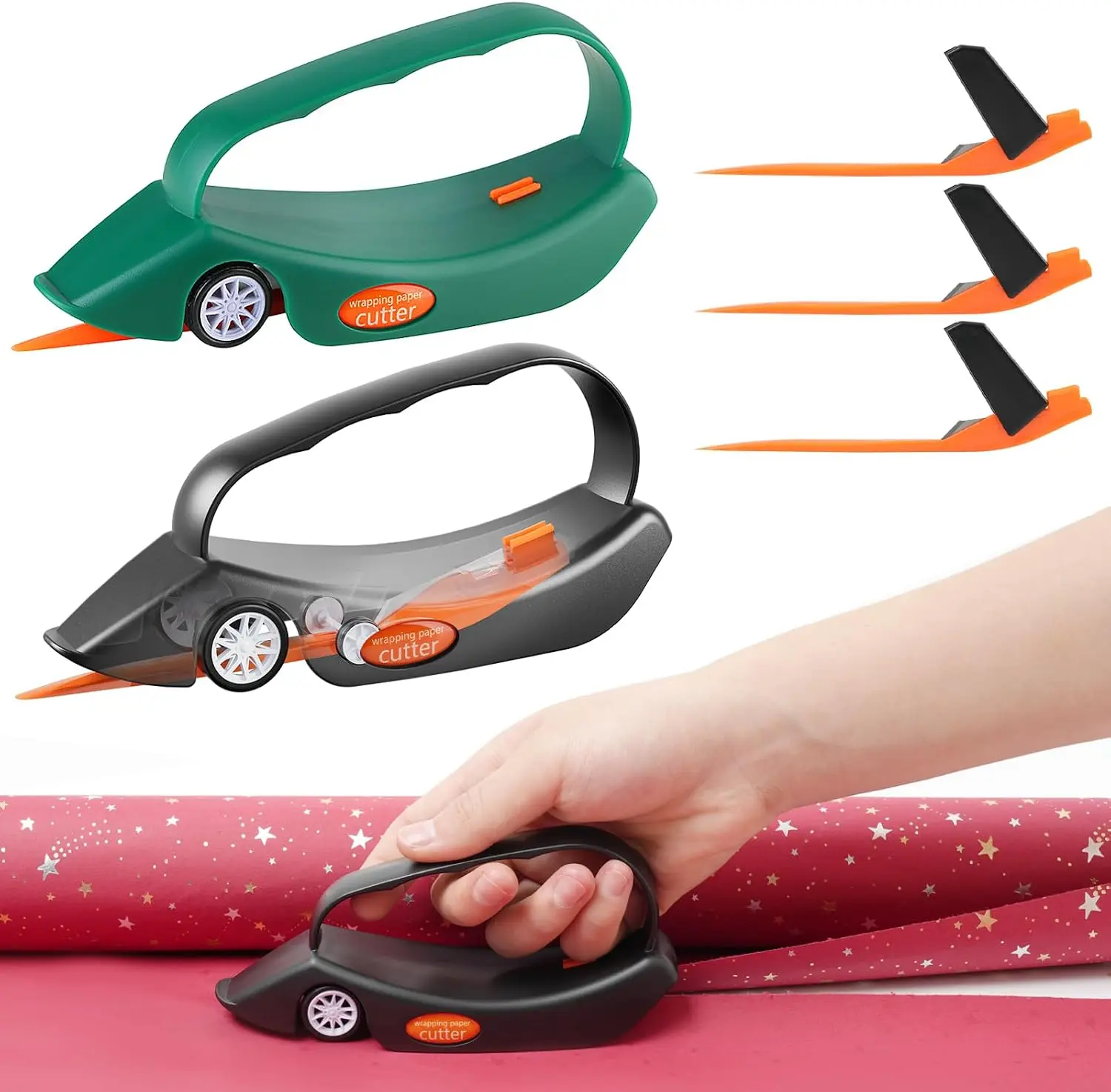 2-Pack Wrapping Paper Cutter with 3 Replaceable Blades | New Gift Wrap Cutter with Wheels | Birthday and Christmas Wrapping Paper Cutter Slider for Home, Office or Classroom
