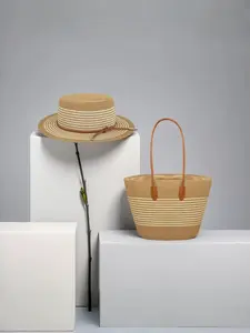 2pcs Upgraded Leather Bottom High-Quality Striped Shoulder Bag, Large Capacity Straw Basket, Versatile Weaving Bag for Vacation