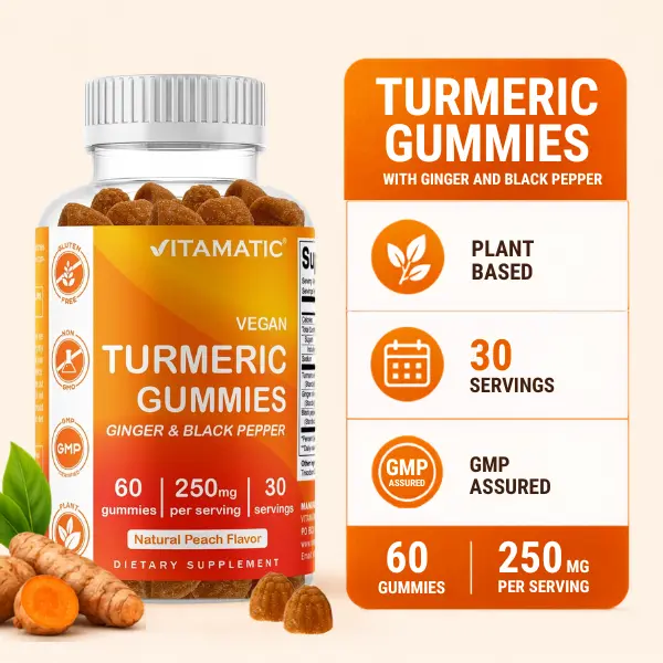 Vitamatic Natural Turmeric Ginger Gummies with Black Pepper Extract - 95% Curcuminoids, Peach Flavor, 60 Vegan Non-GMO Herbal Health High Potency Dietary Supplements for Self Care, Health Supplement, High Potency Supplement