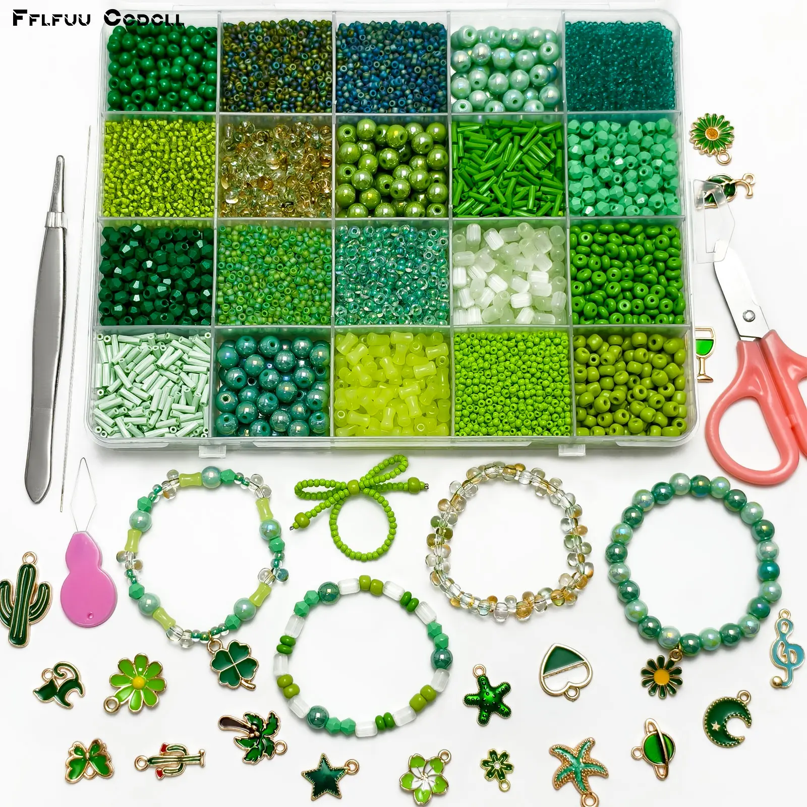 DIY Beading & Jewelry Making All-In-1 Craft Kit - 9906 Gradient Light Grass Transparent Mixed-Shape Glass Beads, Complete Tools, Botanical Floral Enamel Pendants for Stack Bracelets, Dainty Necklaces (Handcraft Lovers) supply