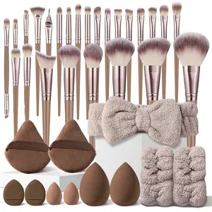 Portable 36-Piece Brown Makeup Brush Set, 25Pcs Professional Premium Synthetic Makeup Brush Set with Eyeshadow Brushes, Makeup Sponges, Triangle puff, Mini Makeup Puff, Headband & Wristbands, Perfect Holiday Gift for Her