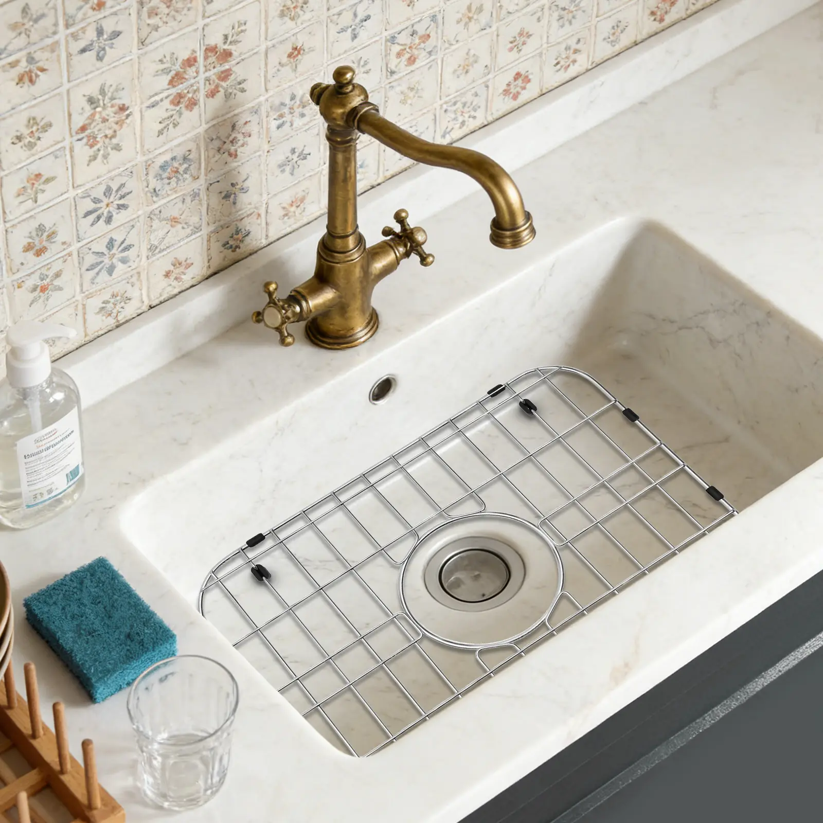Rectangular 304 Stainless Steel Sink Bottom Grid, 16x12.5in Silver With Drainage, Rustproof, Non-slip Rubber Feet, 22-33LBS Load Capacity, Under-sink Draining Board for Kitchen Dishes & Vegetables