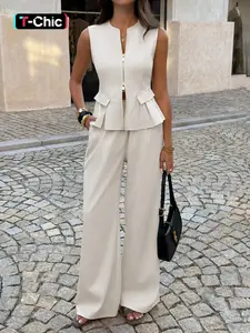 Women's Minimalist Plain Sleeveless Zipper Slim Fit Crop Top Vest & Loose Wide Leg Pants Set, Casual Daily Commute, Womenswear, Flared Pants Set, Casual Matching Set