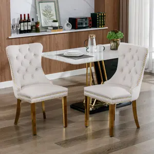 ARCH A&A Furniture,Nikki Collection Modern, High-end Tufted Solid Wood Contemporary Velvet Upholstered Dining Chair with Golden Stainless Steel Plating Legs,Nailhead Trim,Set of 2,Beige and Gold, SW1601BG   WL