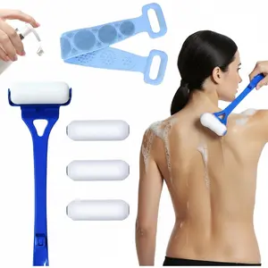 Lotion Applicator for Back & Body, Sunscreen Application Roller (3 Reusable Foam Rollers) with Long Reach Folding Handle and Silicone Body Scrubber - Apply Lotion, Moisturizer, Cream, Ointment,Blue