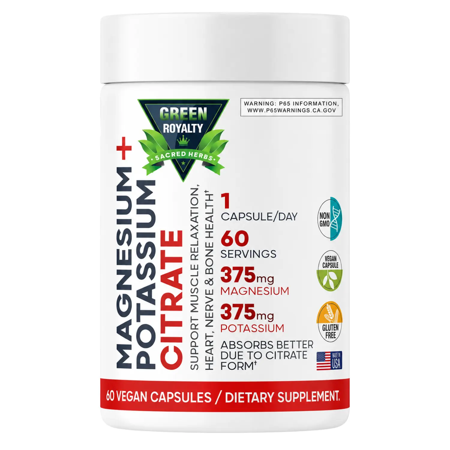 Green Royalty Magnesium+Potassium Citrate Capsules (60ct)- Dietary Healthcare- Vegan Caps Muscle Calcium Supplement