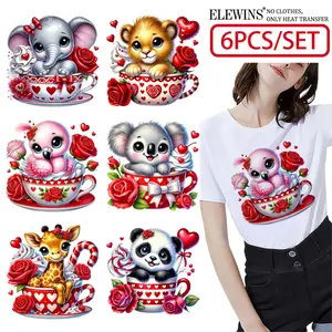 6 Valentine's Day Animal Hot Stamping Transfers, perfect for t-shirts, hoodies, jeans, backpacks, and pillows, machine washable plastic, holiday gift idea | Washable plastic stickers suitable for men and women.