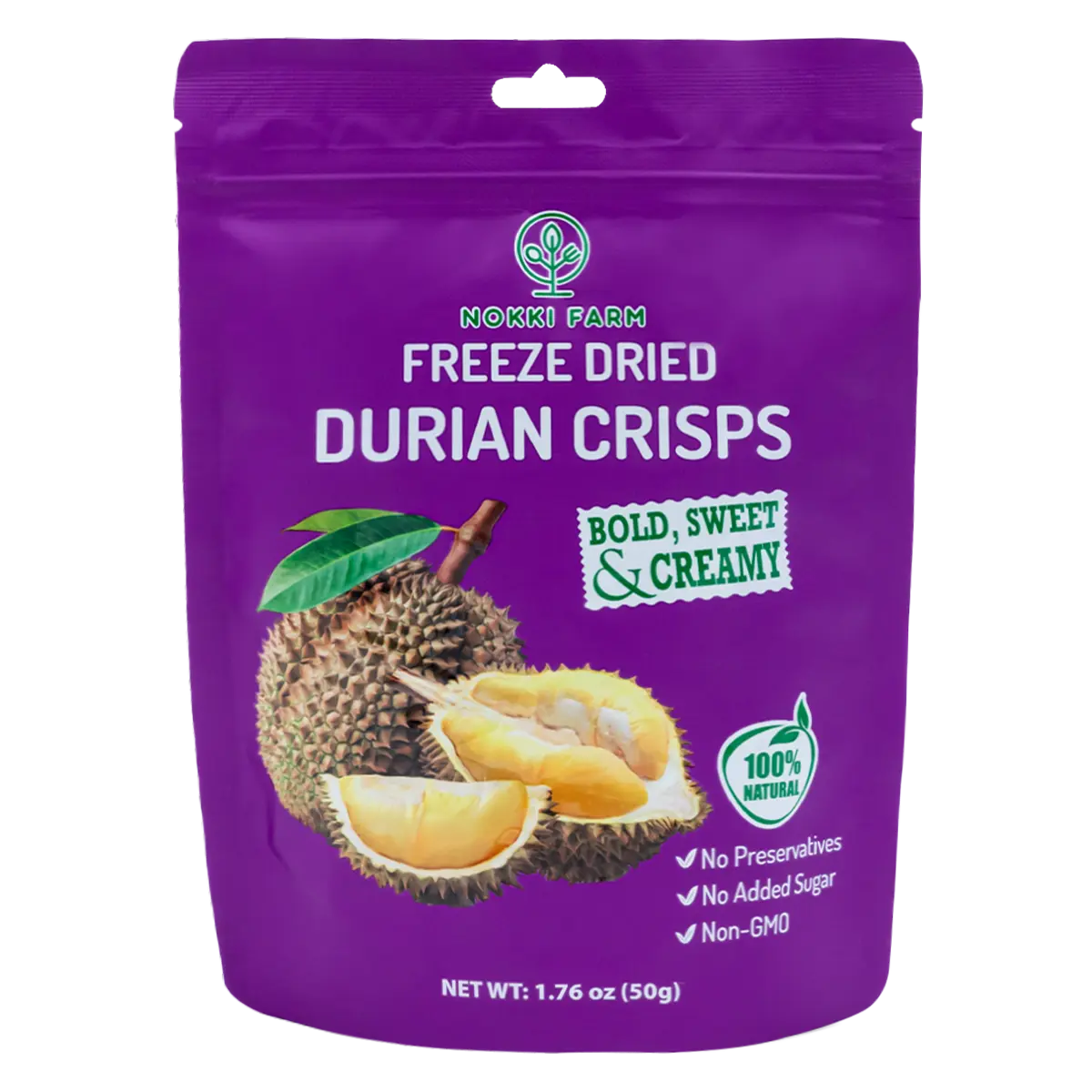 NOKKI FARM Freeze Dried Durian Crisps - Healthy & Exotic Tropical Superfood Snack, No Added Sugar or Preservatives, Kid-Approved, Shelf-Stable & Portable for On-The-Go Snacking