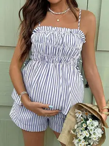 NANCY Maternity 2pcs Maternity Summer Casual Striped Camisole & Shorts Set