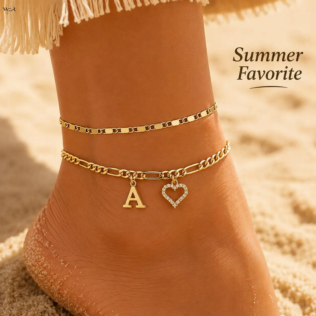 Personalized A-Z Initial Double Layer Anklet, 14K Gold Tone Paperclip Figaro Chain with Paved CZ Heart Charm, Adjustable 20+7cm Extension Custom Letter Ankle Bracelet, Dainty Custom Name Gift for Women Girls