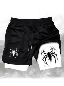 Gothic Spider Print Two-In-One Gym Shorts, and Streetwear Fitness Pants, Casual Fitted Short Pants for Men
