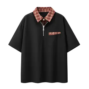 Men’s Summer Half-Zip Polo Shirt, Plaid Collar & Pocket, Colorblock Patchwork, Loose Short Sleeve, Breathable Lightweight, Streetwear Casual Sporty Daily Outdoor Fashion Top for Men