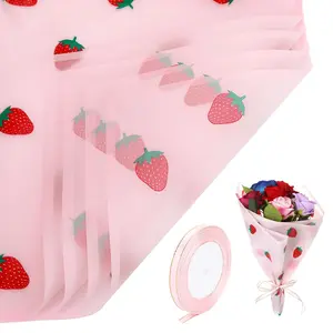 20 Sheets Flower Wrapping Paper, Matte Florist Strawberry Flower Bouquet Wrapping With Ribbon 22.4"  Paper Floral Wrap Papers for Bouquets Gifts Papers for Birthday Girl Wedding Graduation