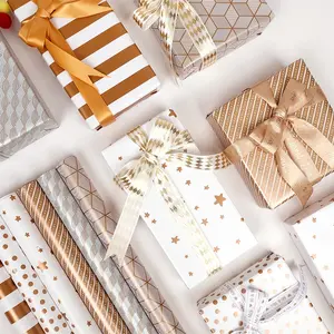 Rose Gold Metallic Wrapping Paper Roll, Elegant Foil Gift Wrap for Birthday Wedding & Party, Geometric / Star / Stripe / Polka Dot Patterns, Luxury Gift Packaging, 1 Roll