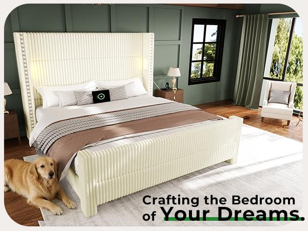 【Ships in 1 or 2 Packages】Wingback Bed Frame with Reading Lights, Corduroy Upholstered Headboard with USB Ports, Noise-Free Platform Bed Frame 1200 lbs Heavy Duty, Aesthetic Bedroom Decor Must Have Gift for Teen Girls Women,Summervibes