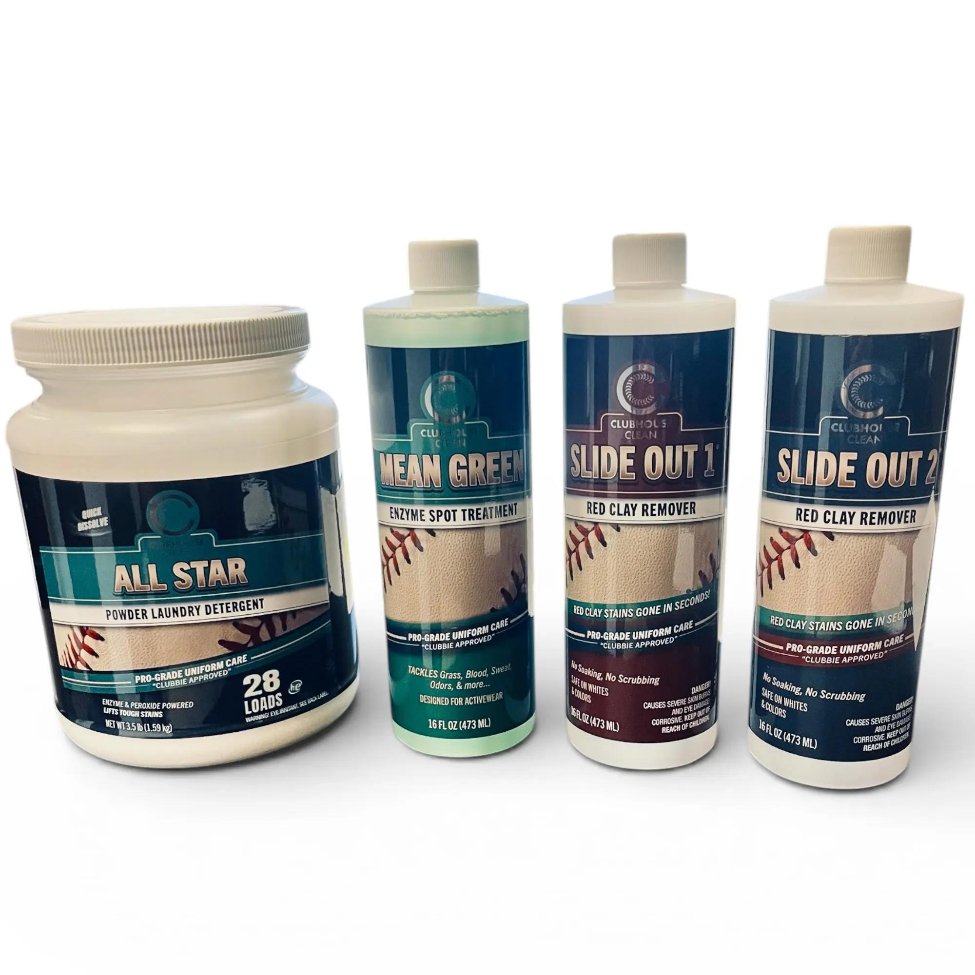Player's Kit - Revolutionize your baseball uniform cleaning game. Same formulas trusted by MLB Clubhouses since 2005. 3.5lbs of All Star Uniform detergent, 16oz Mean Green enzyme stain treatment, 16oz of Slide Out 1 and Slide Out 2 red clay stain remover.