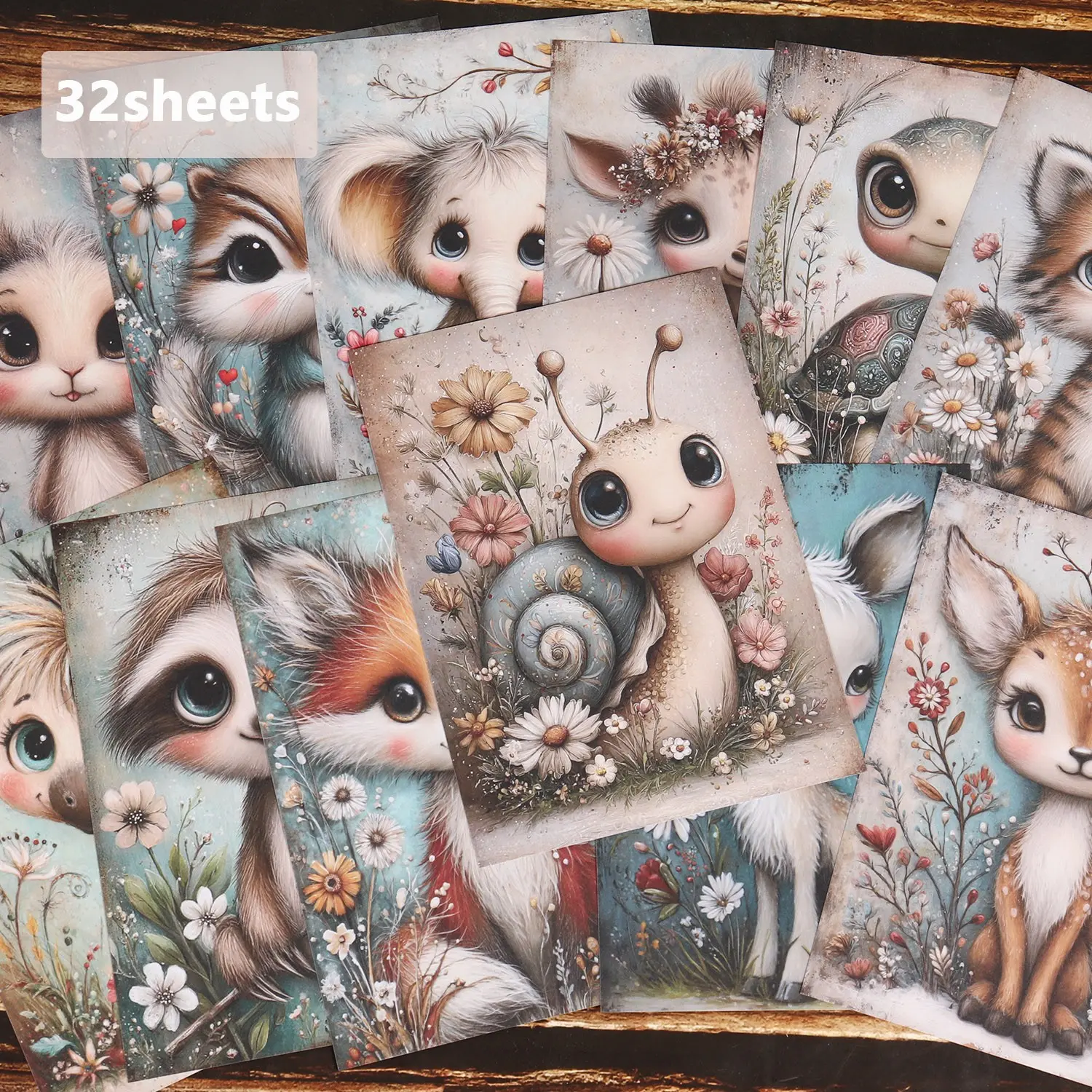 32sheets Folk Forest Art Animals Scrapbook Paper, Scrapbook Materials, with Elephant, Cat, Deer, for Junk Journals, Collage Decoration, Scrapbooking Supplies, Notebook Covers, Craft Albums, Decorative Stationery, Scrapbook Accessories