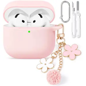 AirPods 4 Case Cover, Soft Pink Silicone Protective Shell Compatible with Apple AirPods 4th Generation Case for Women Girly, iPod 4 Case with Flower Chain,Keychain and Cleaner Kit