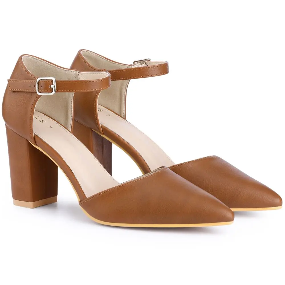 BLISSFUL STEP Women's Pumps, Classic Pointed Toe Chunky Heels in Faux Leather with Ankle Strap Buckle for Work & Casual Wear