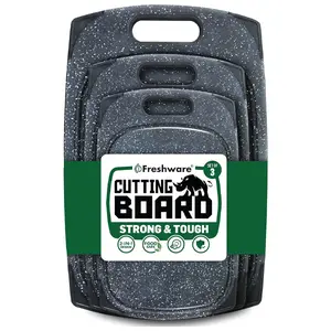 Plastic Cutting Boards for Kitchen, Cutting Board Set of 3, Juice Grooves with Easy Grip Handle, BPA-Free, Non-Porous, Dishwasher Safe, Black Marble