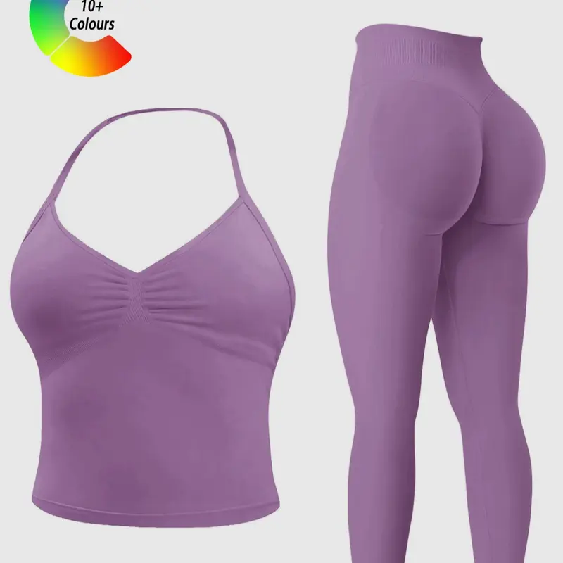 Women's Sportswear Set, Workout Running Outfits, Workout Sets, Hanging Neck Sports Bra Vest + Butt-Lifting Tight Pants, Removable Padding, Gym Outdoor Running Yoga Top, Sportswear For Gym