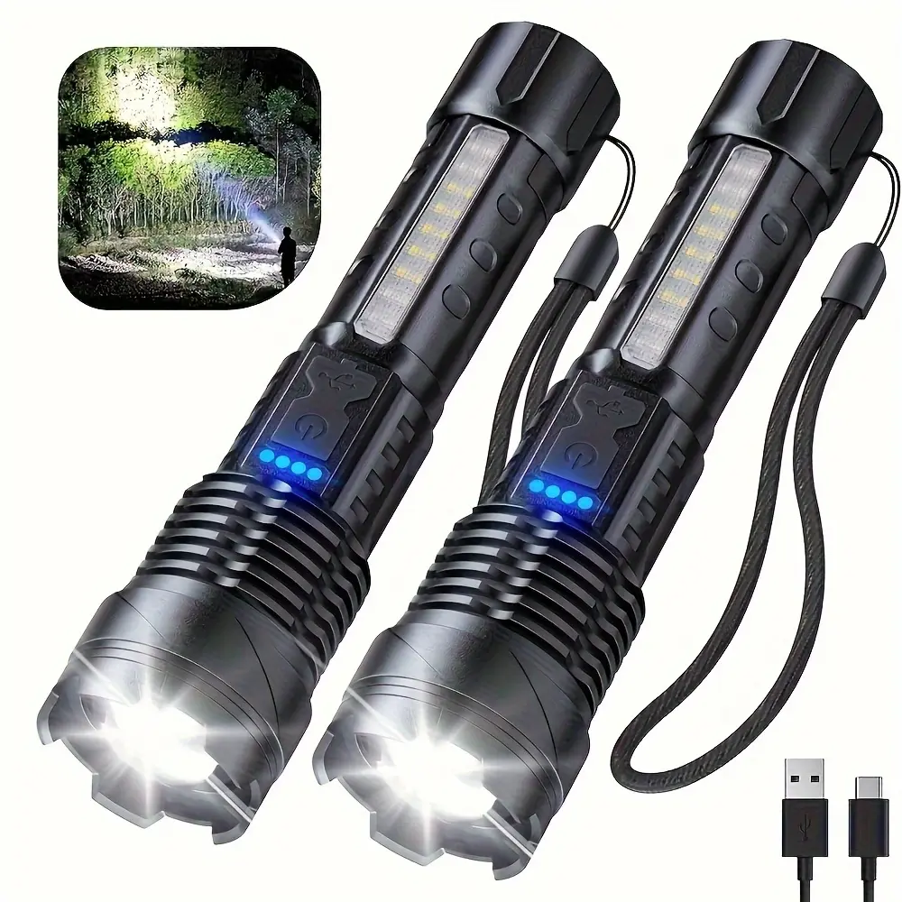 2PCS Zoomable LED Handheld Flashlights - EDC Standard Torches for Adults 18+, 5 Zoom Modes, COB Side LED Light, USB-C Charging, Power Display, 8H Runtime, Detachable Clip, Cells Compatible, Tools and Gadgets for Camping, Home Security