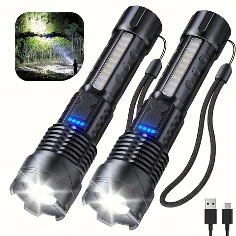 2-Pack Zoomable LED Handheld Flashlights with COB Side Light, 5-Mode, USB-C Charging, Power Display, 8-Hour Runtime, Detachable Clip, USB-C Rechargeable Battery, Easy Carry, 2-Pack Backup, Home Security Tool for Adults