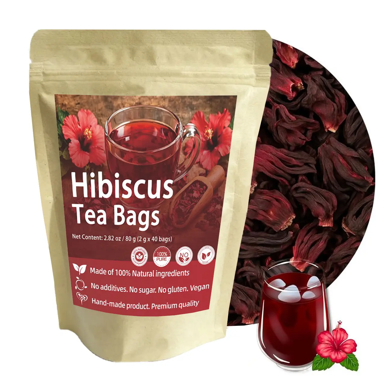 Hibiscus Tea, Premium Hibiscus Flowers Tea Bags, 100% Natural, Pure from Hibiscus Flowers，Non-GMO & No Sugar, No Caffeine, No Gluten, Vegan (60g/pack) | JX.Herbal Tea summerwins