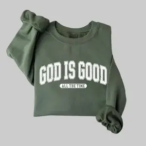 Retro Christian sweatshirt for women featuring ‘God Is Good All The Time’ with a nativity scene design, perfect Christmas faith gift and cozy wear.