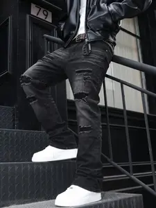 Men's Ripped Jeans, Slim-Fitting Mid Waist Button Fly, All-Season Fashion Long Pants, Streetwear Style Denim