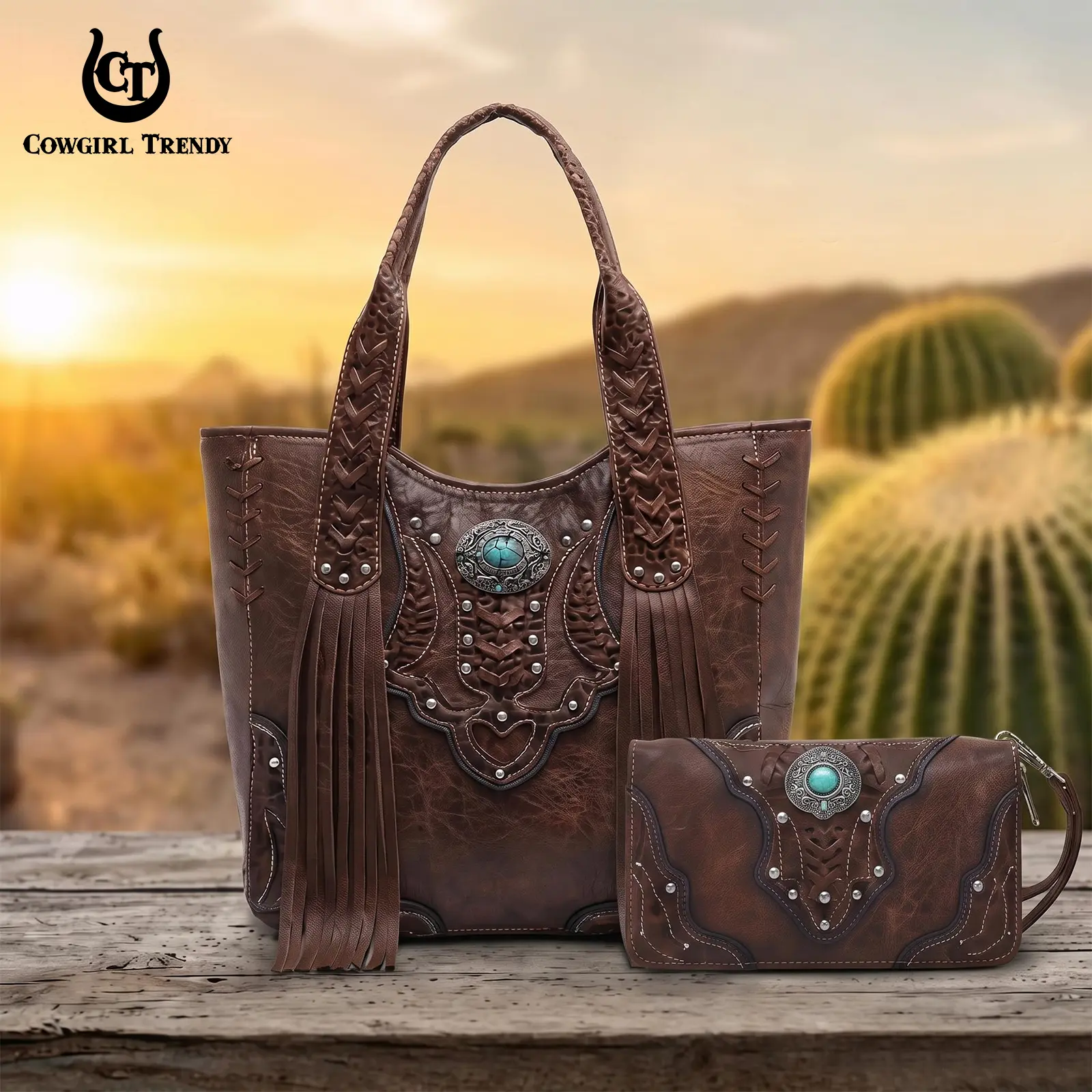 Cowgirl Trendy Western Origin Women's Boho Turquoise-Studded 2-Piece Fringe Tote and Wristlet Combo, Stylish Casual Everyday Purse, Tooled Patterned Fashion Handbags for Daily Wear all-match commuter bag