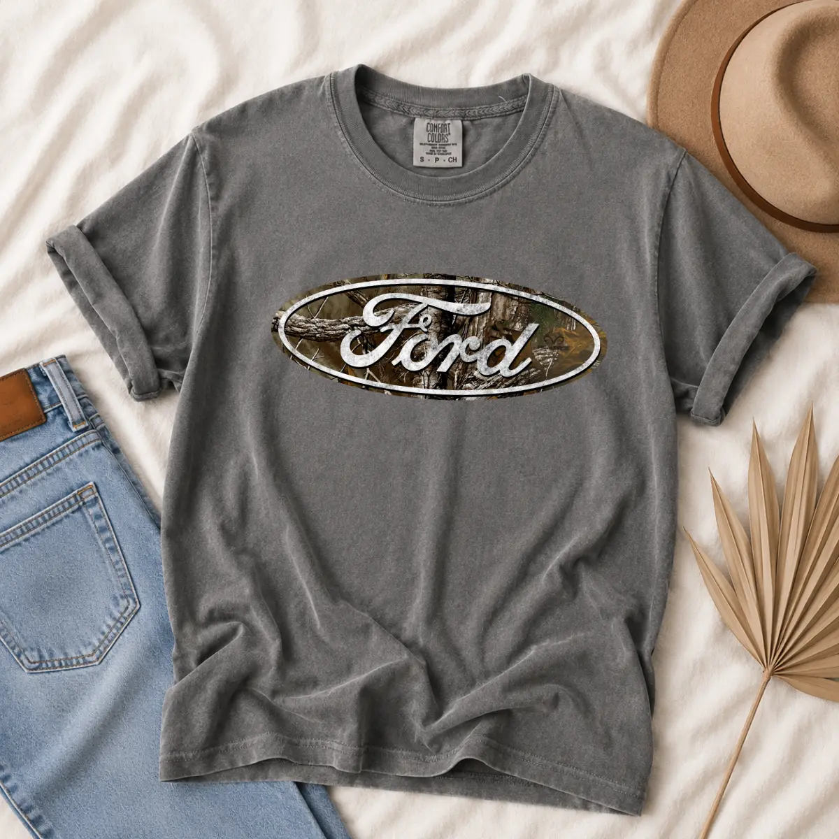 Comfort Color Camo Ford Logo Shirt, Vintage Ford Truck Pullover, Retro Mechanic Shirt, Classic Car Lover Gift, Casual Streetwear Top for Men & Women