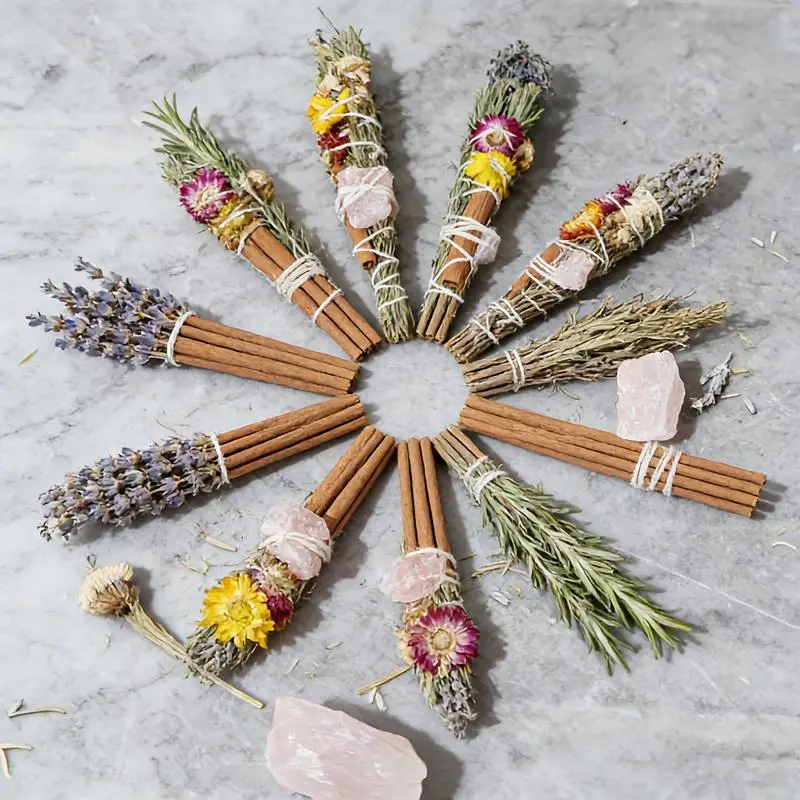 Premium 25-30cm Lavender Smudge Stick Bundle with Raw Rose Quartz, Handmade Long-Lasting Aromatherapy Herb Bouquet, Fragrance Scent Room Freshener, Home Decor Accent, Birthday Gift Idea