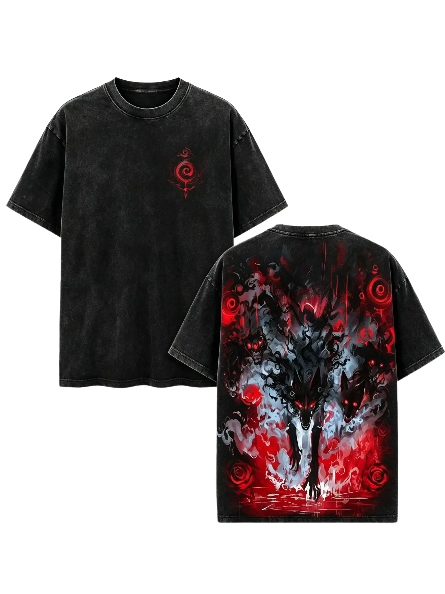 Shadow Wolves Shirt, Vintage Alpha Wolf Pack Double Sided Tee,Crimson Darkwear Fantasy Graphic Apparel,Design T-shirts,casual style graphic ,casual streetwear top.