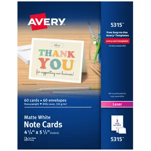 Avery Printable Note Cards, Envelopes Included, 4.25" x 5.5", Matte White, Laser Printer Compatible, 60 Blank Cards Total (5315)
