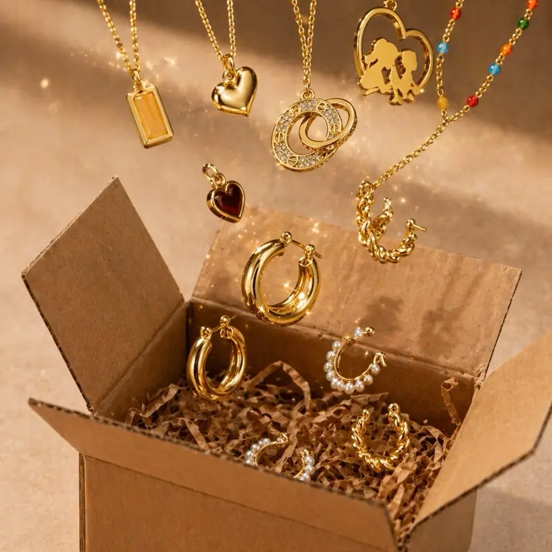 Elegant Gold Color Jewelry Box with Heart & Hoop Earrings, Necklaces, and Charms for Special Occasions