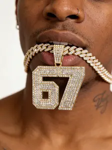 High Street Rap Style Pendant, Thickened Iced Out Zircon, 67 Number Cuban Chain, Men's Streetwear Jewelry, Trendy Accessories