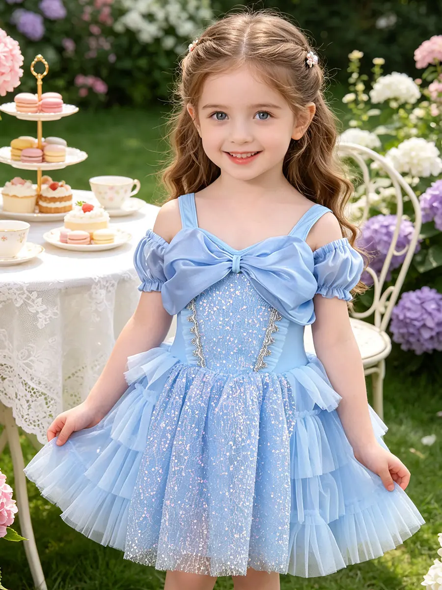 Girls Off Shoulder Big Bow Glitter Blue Princess Ballet Tutu Dress Leotard Tiered Ruffle Tulle Skirt Kids Gymnastics Birthday Party Recital Fairy Dance Costume Toddler Stage Outfit