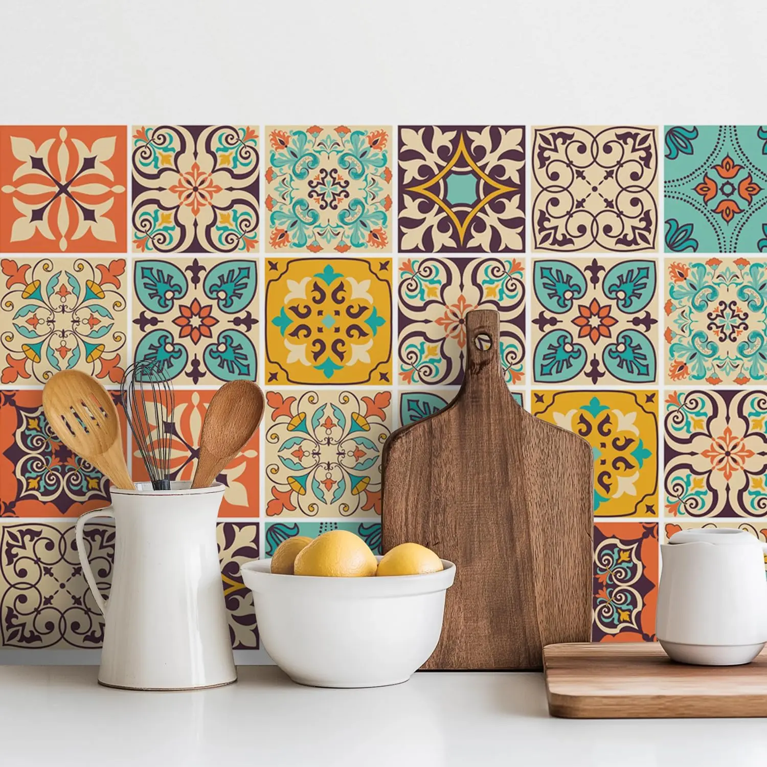 Vintage Moroccan Bohemian Decorative Tiles Sticker Set - 30 PC Self-Adhesive Vinyl PVC Waterproof Wall Decals for Kitchen, Bathroom Backsplash, Cabinet - 4x4 in