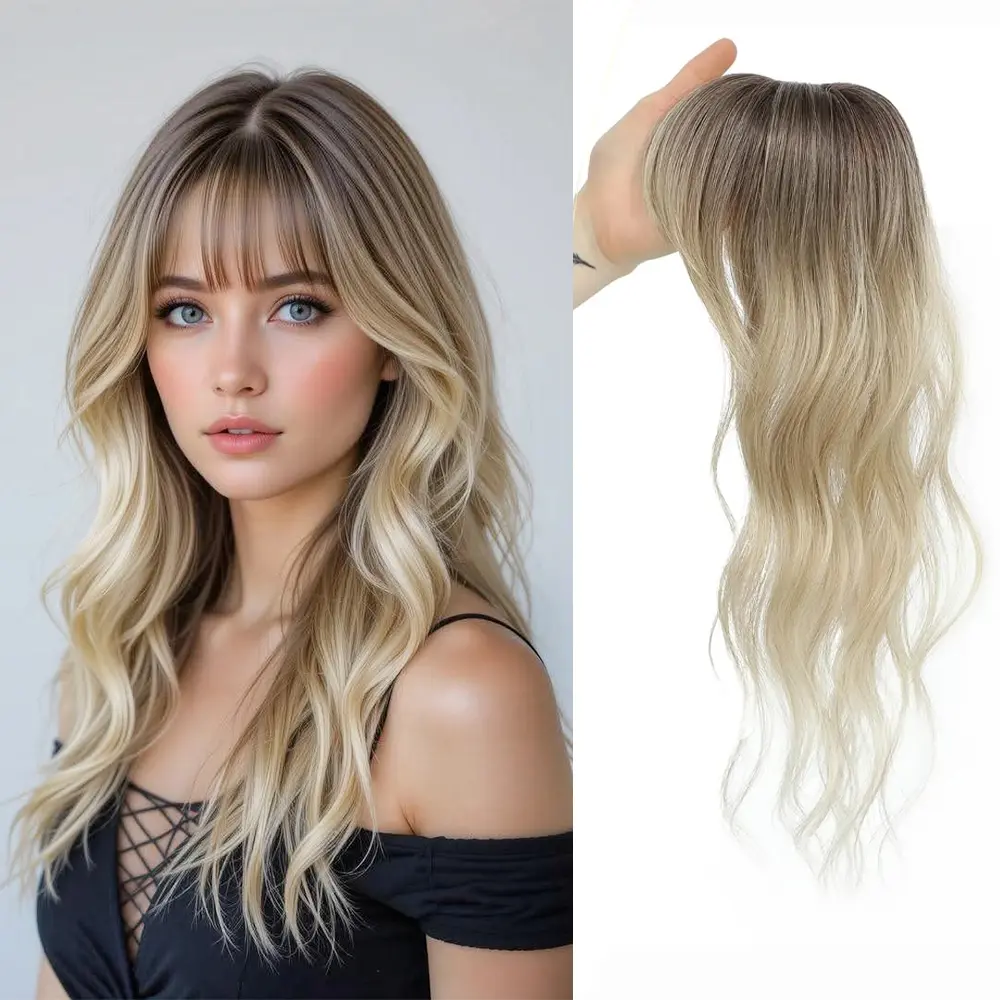 18 Inch Hair Topper Clip in Bangs Synthetic Hair Clip 360° 3D Cover Clip in Bangs Wispy Fake Bangs Toppers for Daily Wear Hair Pieces for Women