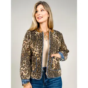 Front Zip Up Quilted Leopard Jacket