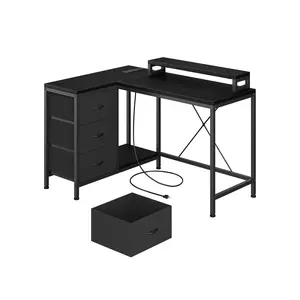 Garvee L Shaped Gaming Computer Desk with Power Outlets, LED Lights, 3 Drawers, Storage Shelves & Monitor Stand, Reversible Corner Desk for Home Office, Multiple Colors