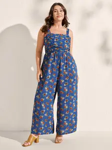 【Summer Turn-Up】BlOOMCHIC Plus Size Floral Print Stretchy Waist Shirred Back Jumpsuit [M-6X] 2026 Summer Pick for Mother's Day